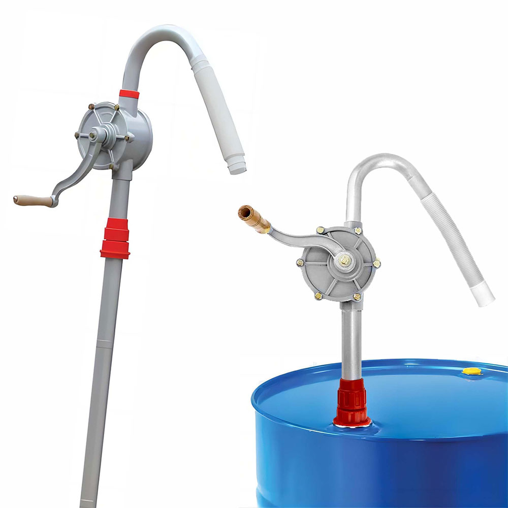 grey manual diesel pump on blue fuel barrel