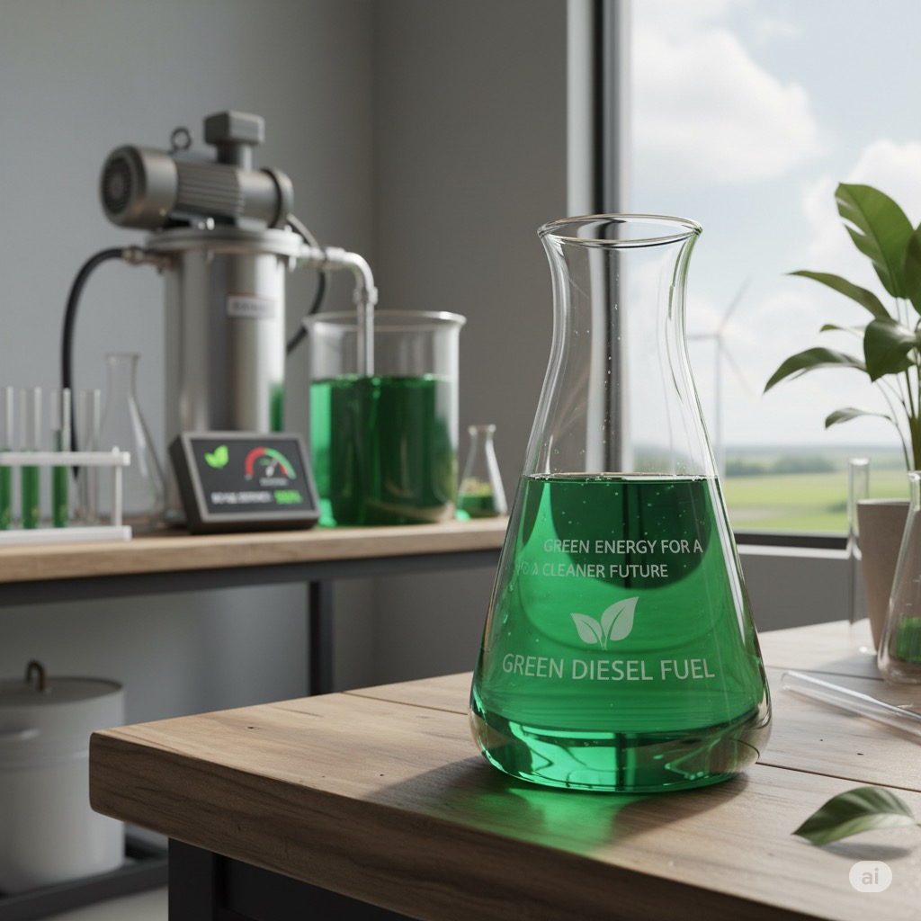Laboratory flask of green diesel fuel sits
