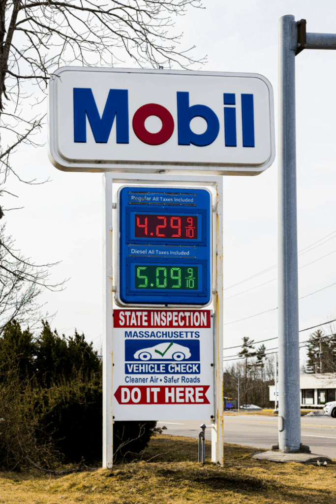 Mobil plaque showing fuel prices