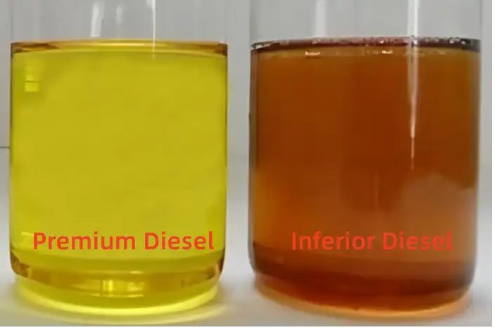 Two jugs, one showing premium diesel and regular fuel