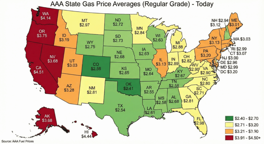 Map of the USA showing gas prices per state