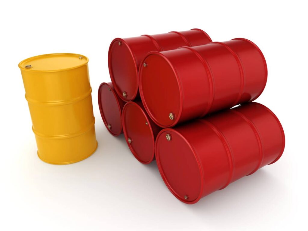 Five red barrels and one yellow barrel on a white background (1)