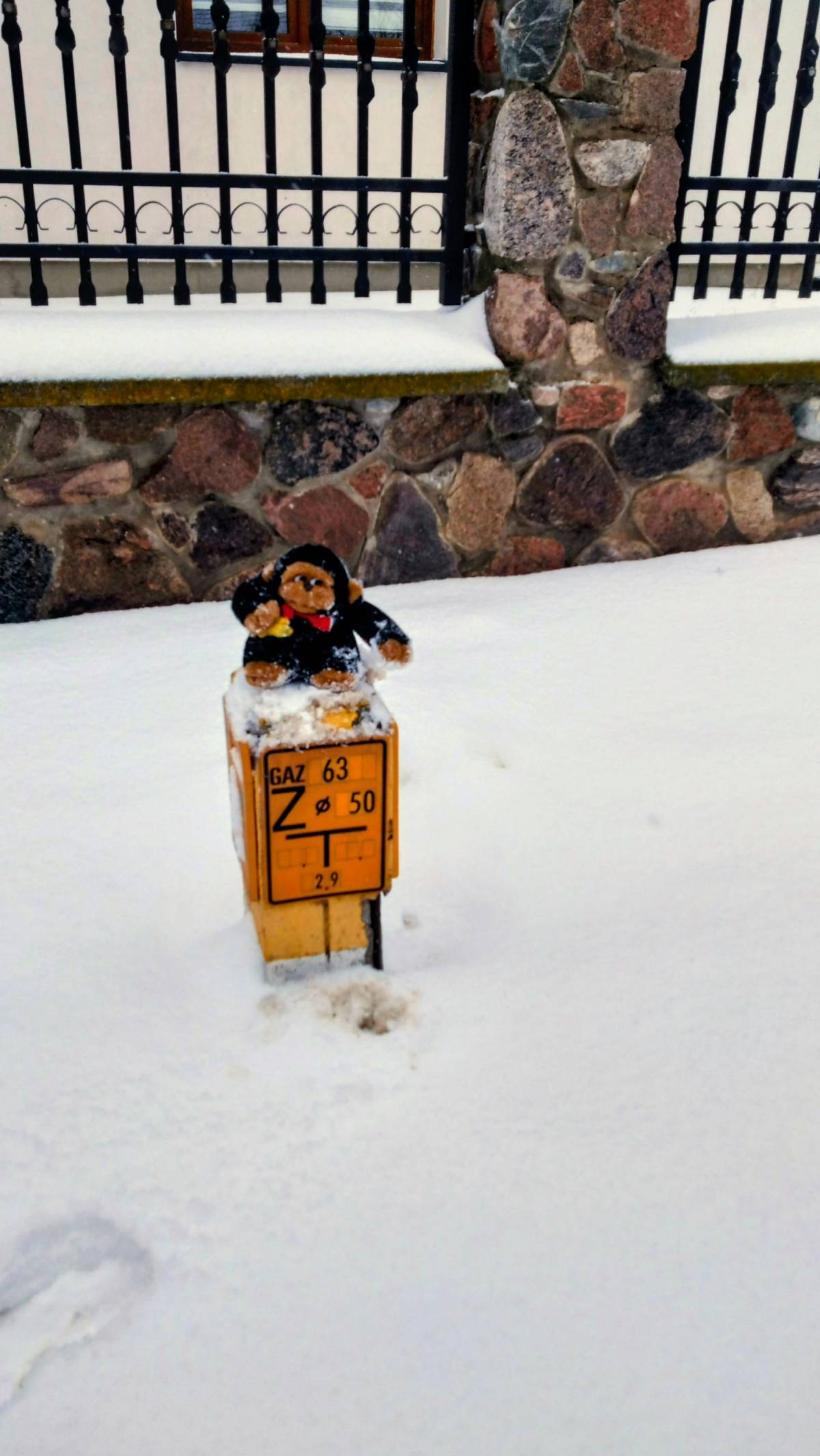Stuffed monkey sitting atop gas marker in snow